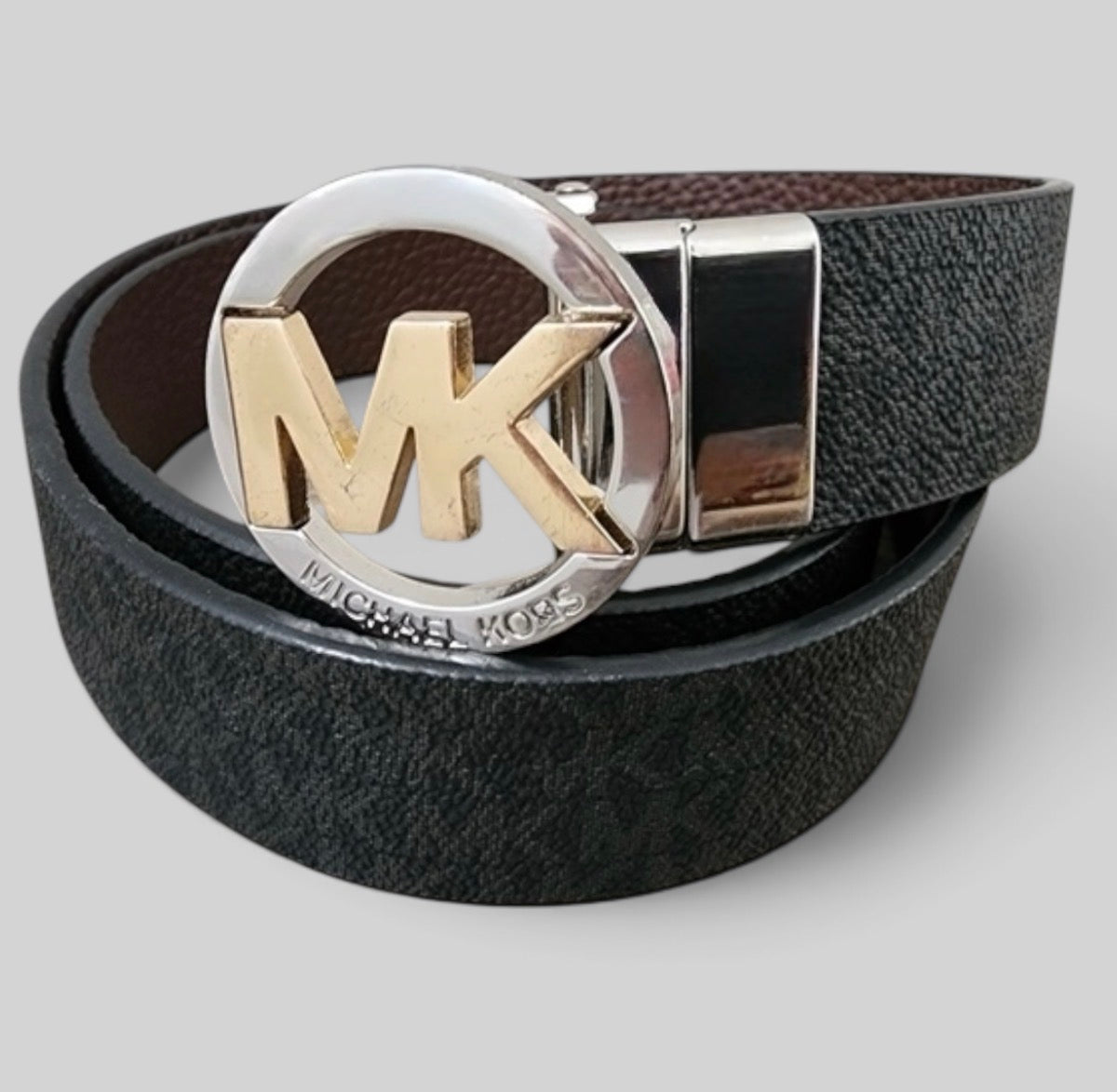 Michael Kors Black Leather Belt with Two-Tone MK Circle Buckle